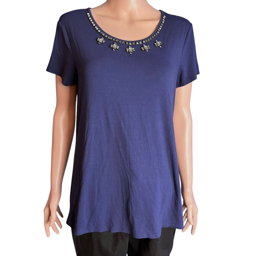 Adrianna Papell Blue Embellished Blouse L Rhinestones Cap Sleeve Date Theater